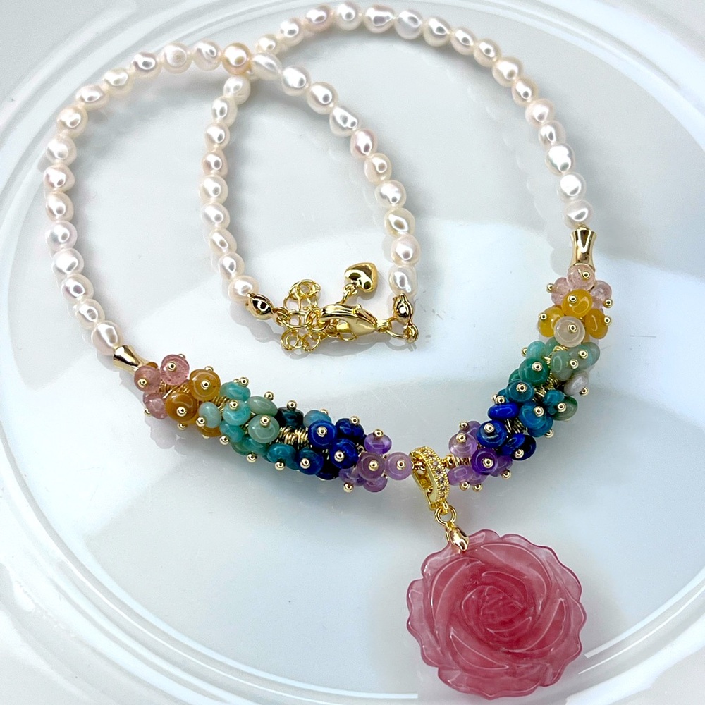 Handmade Freshwater Pearl Multi Gemstone 💎 Cluster Detachable Pendant Necklace